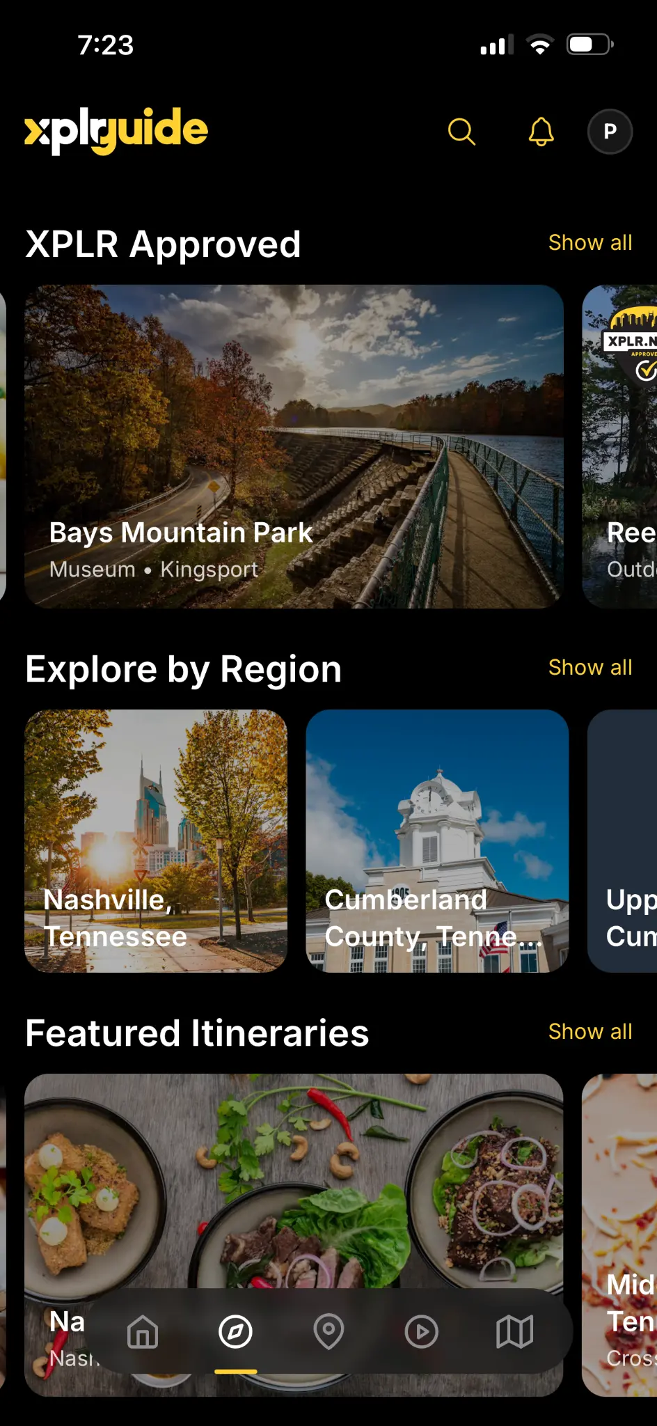 XPLR GUIDE app home screen